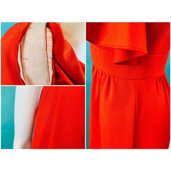 Vintage 1970s Maxi Party Dress Red Flutter Top Leslie Fay Flower Pin | W 27" - Picture 10 of 10